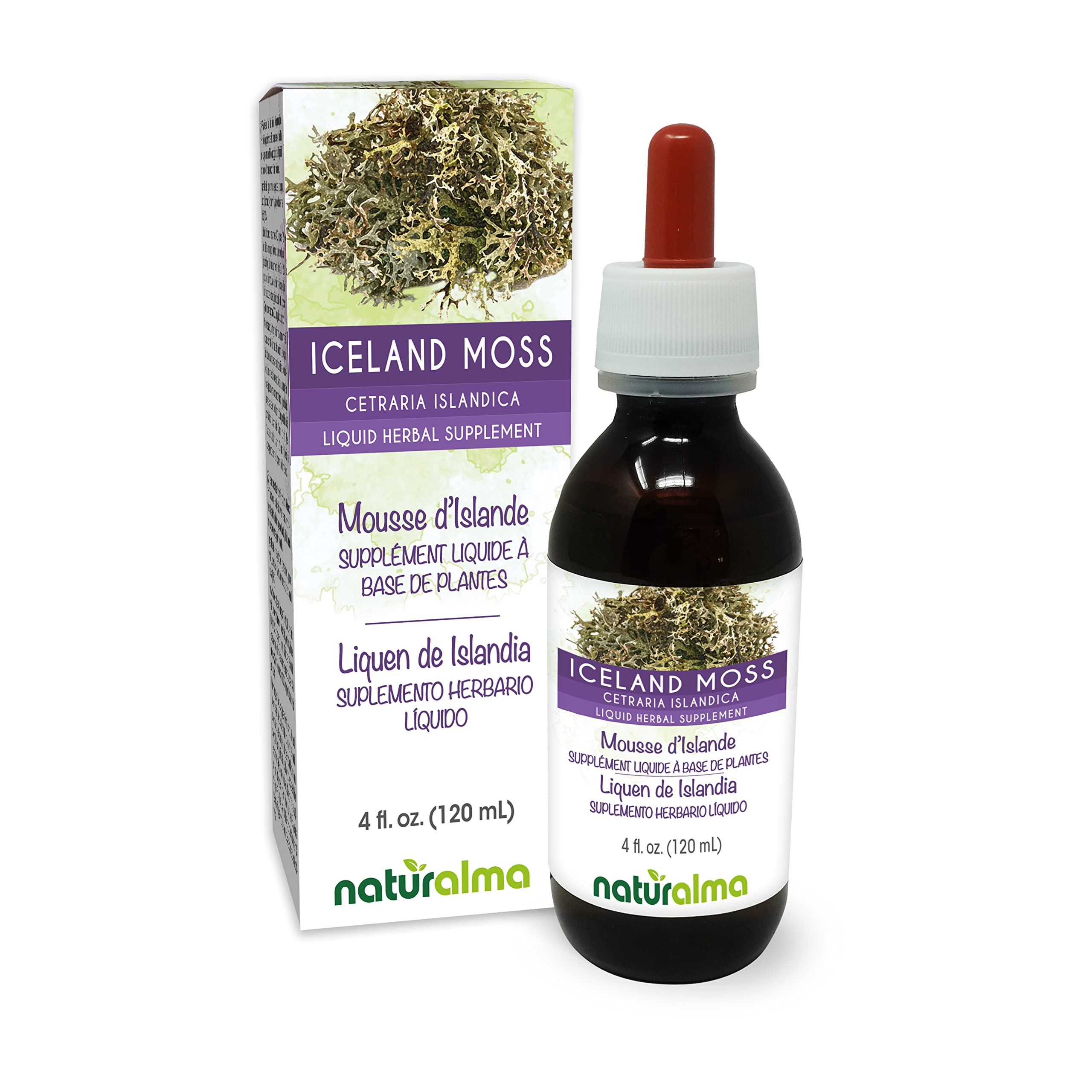 Naturalma Iceland Moss (Cetraria islandica) Thallus (Lichen) Alcohol-Free Tincture - 4 fl oz Liquid Extract in Drops - Herbal Supplement - Vegan