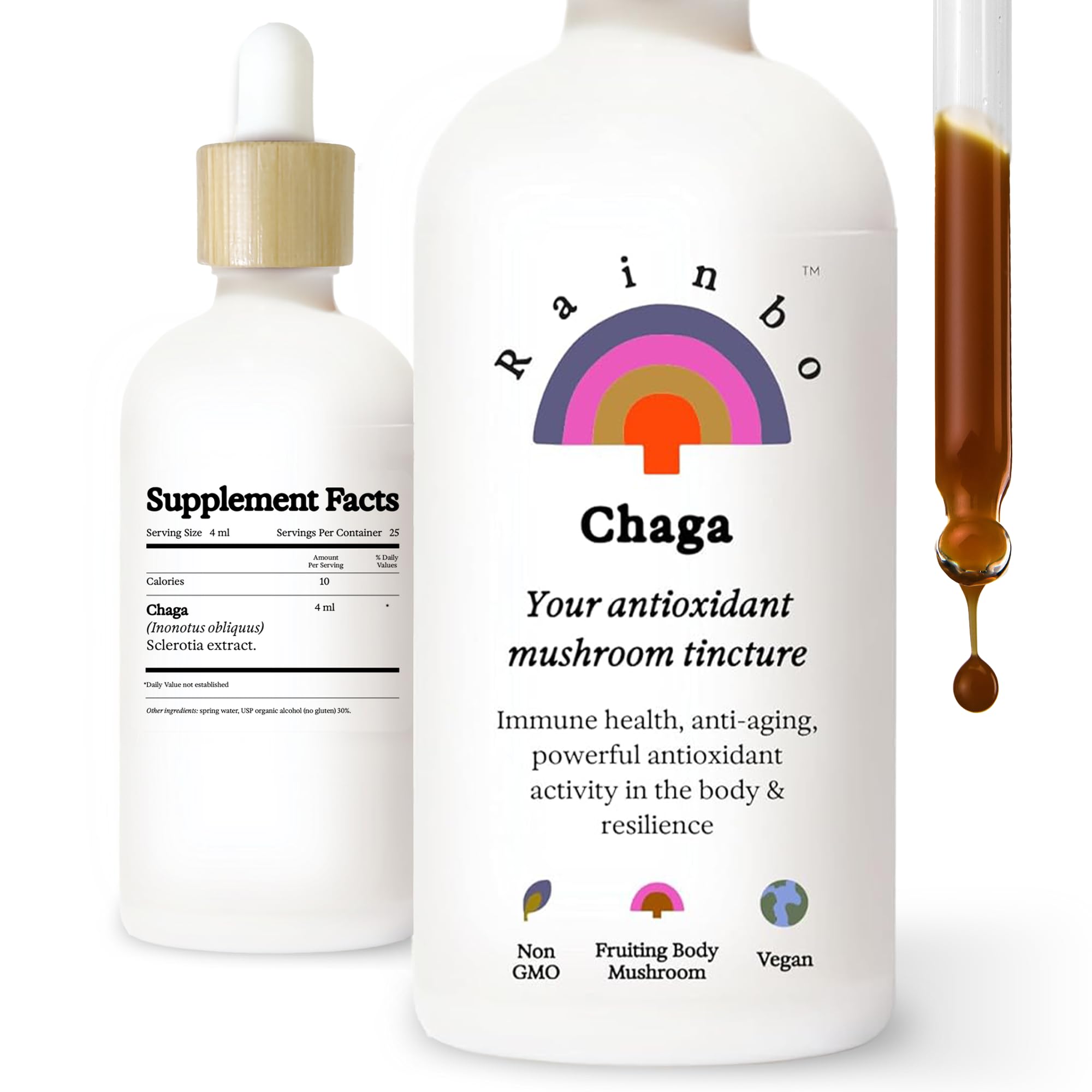 Rainbo Chaga Mushroom Tincture Liquid Chaga Mushroom Supplement Made in Canada Vegan Non GMO 100ml