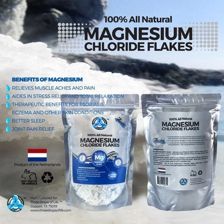 100% Natural Magnesium Flakes produced in the Netherlands - Helps alleviate aches and pains, detoxifies, restores cellular magnesium levels, and reduces stress.