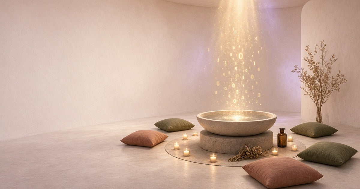 A quiet candlelit room where golden light and glowing binary code pour into a still stone water basin.