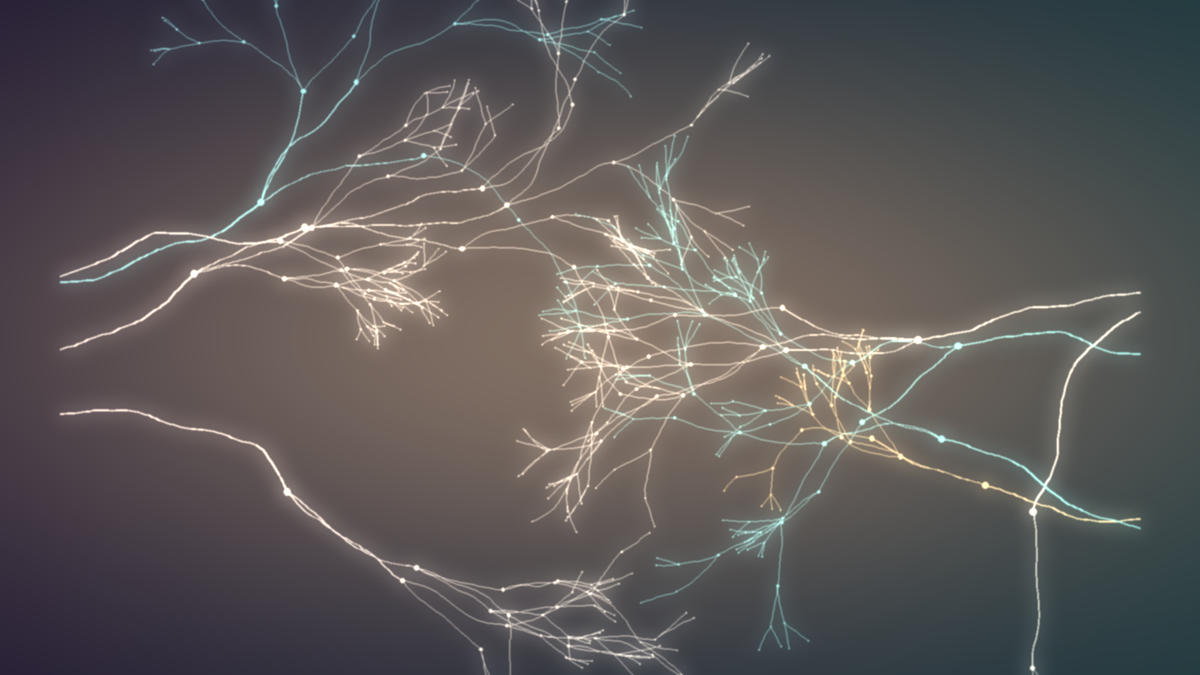 Soft golden and violet threads of light branching across a calm, glowing background