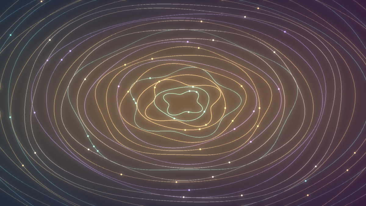 Soft loops of golden, violet and teal light circling gently around a glowing center
