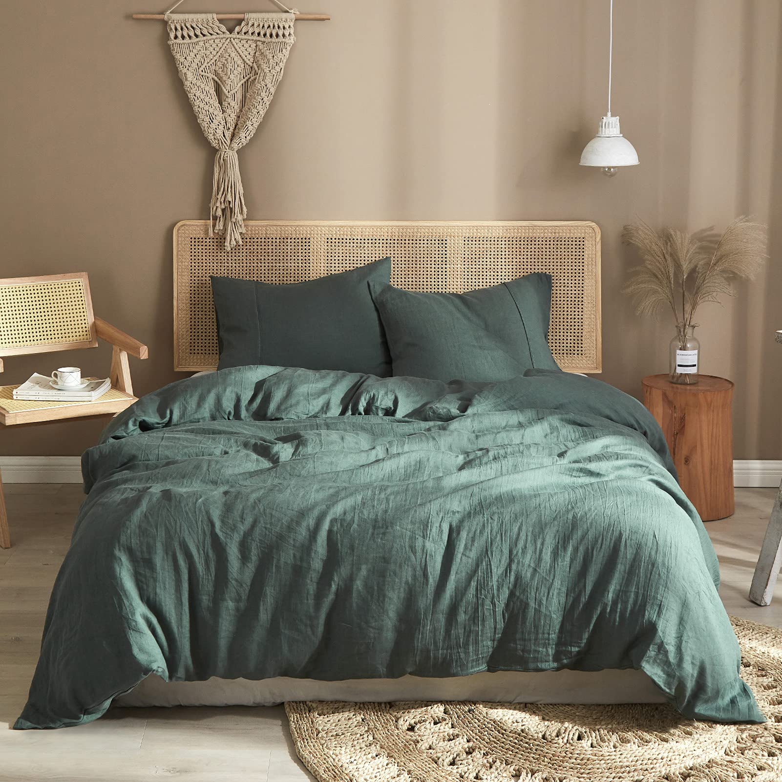 Forest Green Duvet Cover Queen Size 100% Pure Washed French Flax Linen Set - Soft Breathable Moisture Wicking Cooling Linen Bedding Set 3Pcs (1 Linen Queen Duvet Cover 2 Pillow Shams)