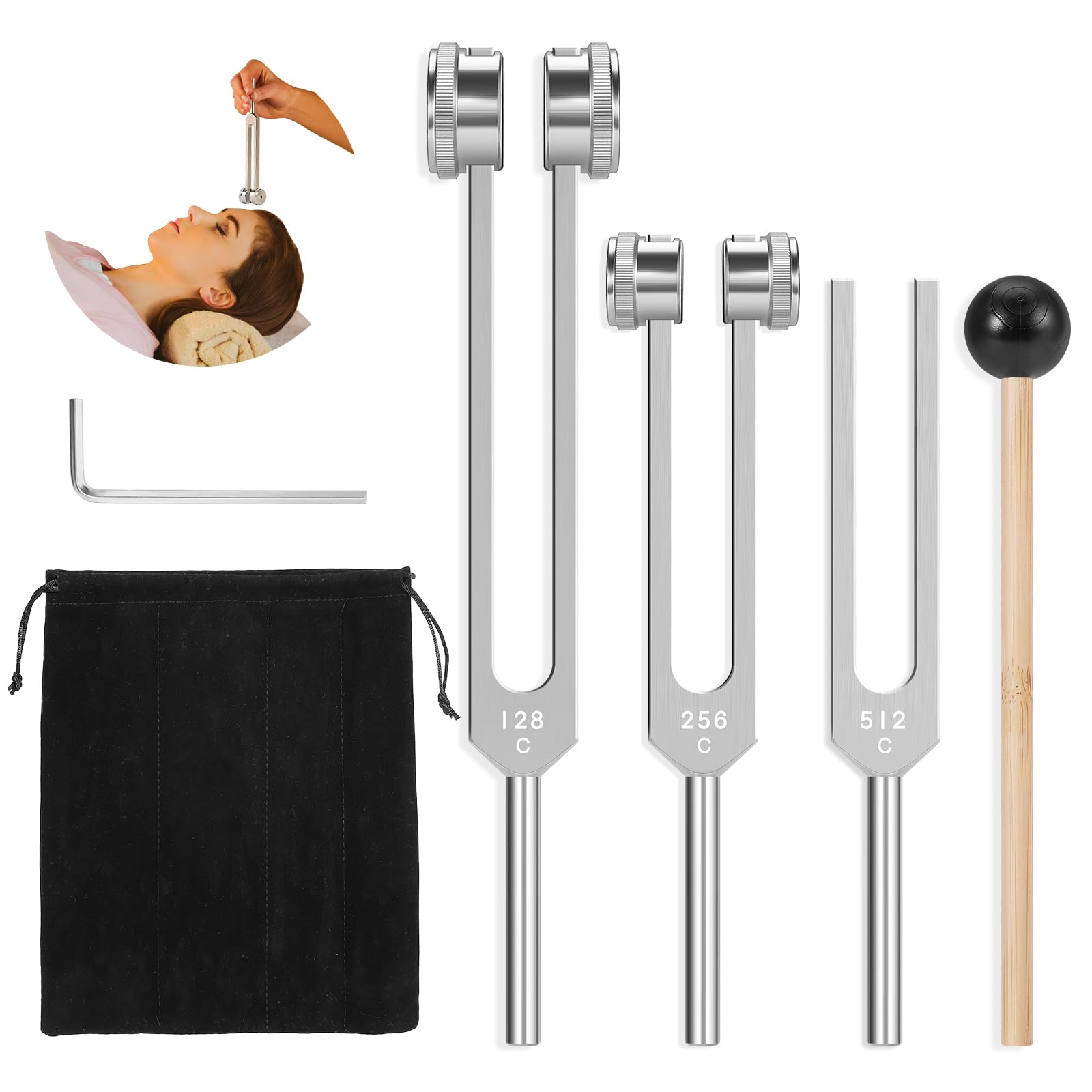 Tuning Forks for Healing (128Hz 256Hz 512Hz)Weighted & Unweighted Tuning Forks Set with Reflex Hammer - Chakra Set Healing/Sound Therapy