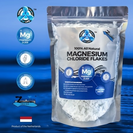 100% Natural Magnesium Flakes produced in the Netherlands - Helps alleviate aches and pains, detoxifies, restores cellular magnesium levels, and reduces stress.