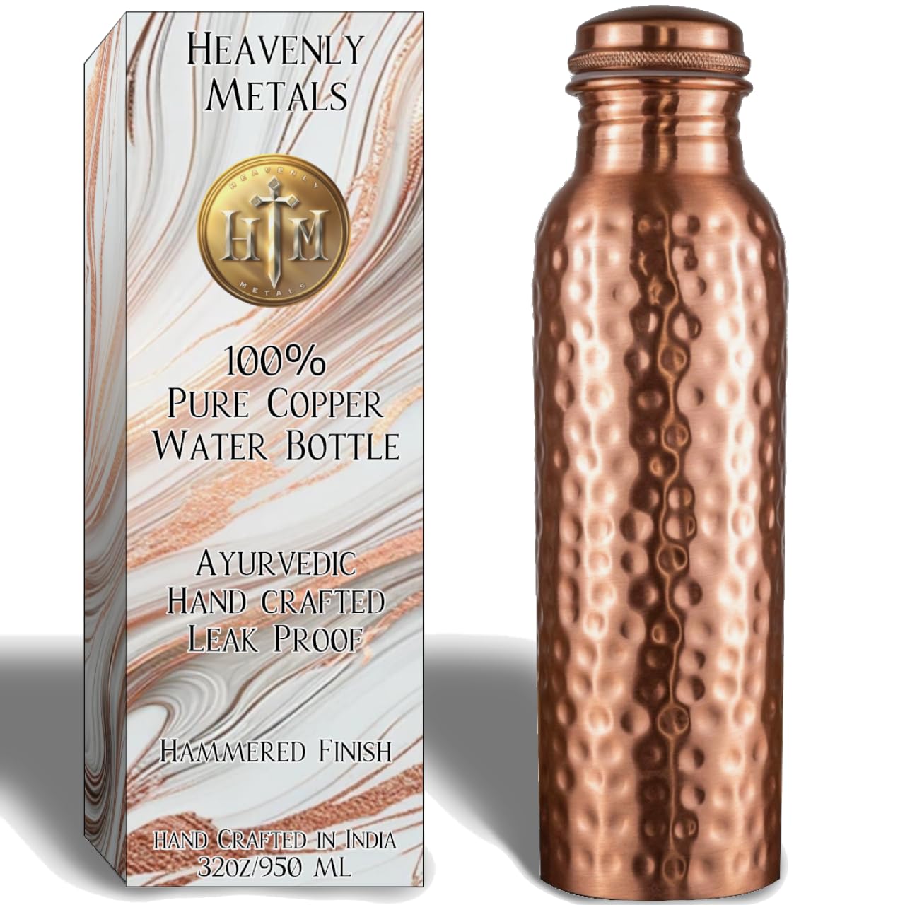 100 % Copper 32oz Water Bottle - Ayurvedic Leak-Proof Lid
